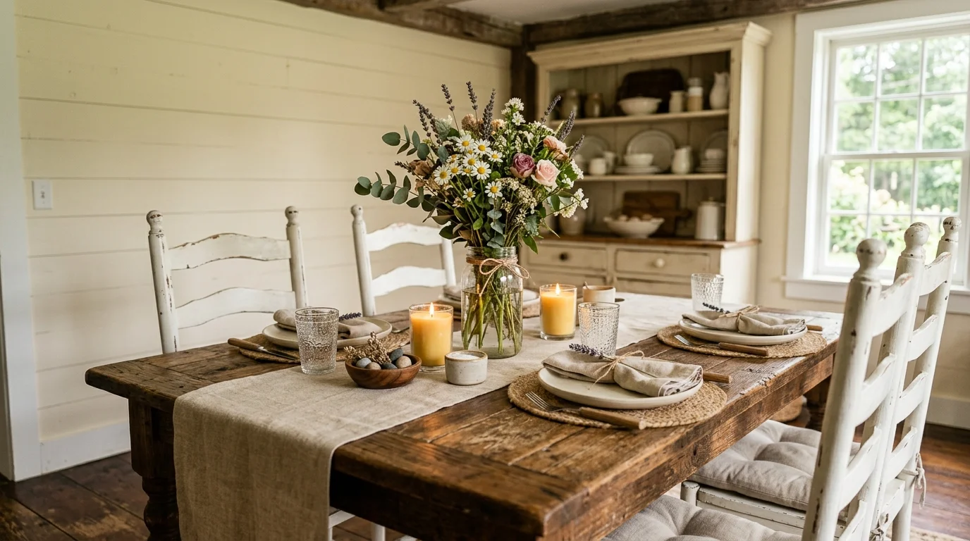 Dining table with candles, pale flowers, and warm heartfelt daytime elegance.