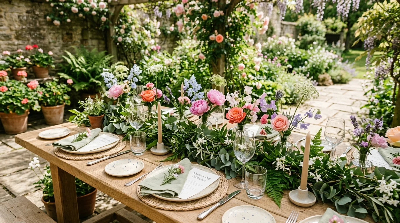 Simple Mother's Day table with elegant flowers and a clean uncluttered layout.