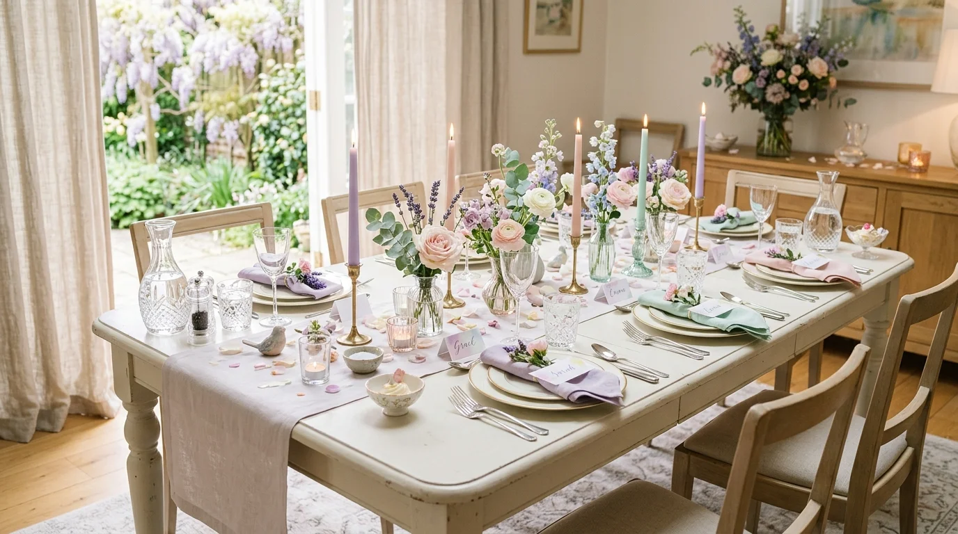 Welcoming table set for family dining with flowers, serving dishes, and cozy celebration.