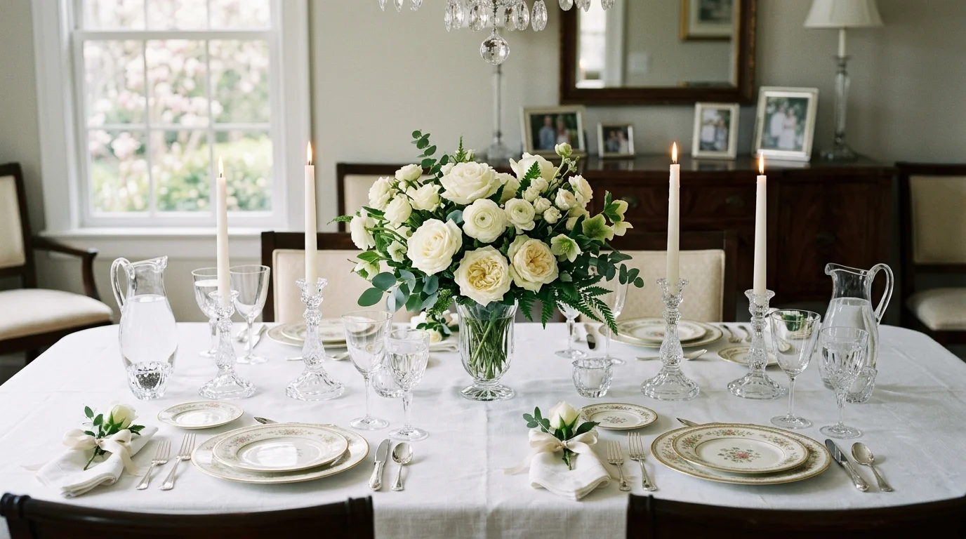 Dining table with gold flatware, soft florals, and an elegant celebratory finish.
