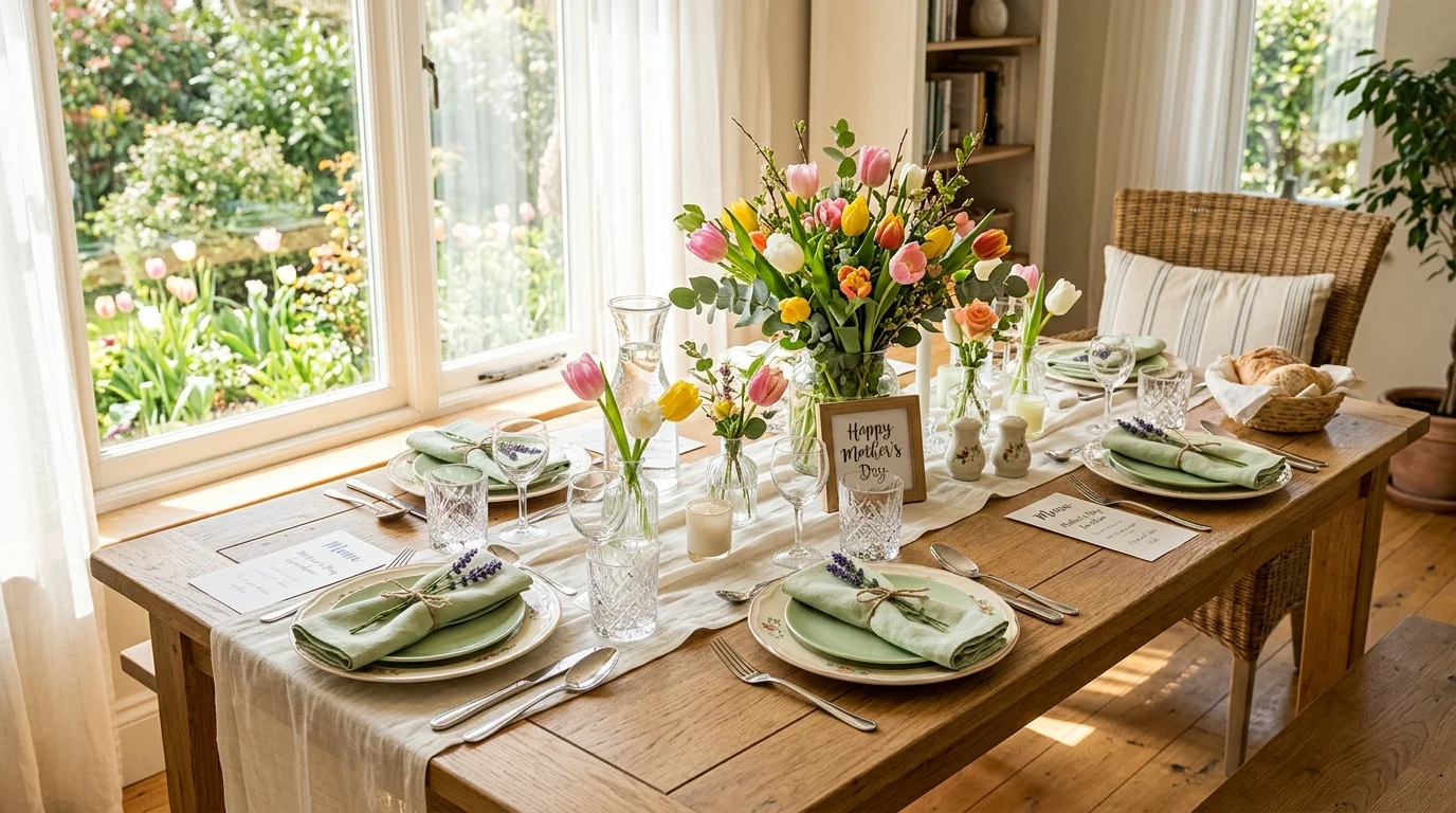 Mother's Day dining setup with meaningful details, flowers, and a memorable celebration mood.