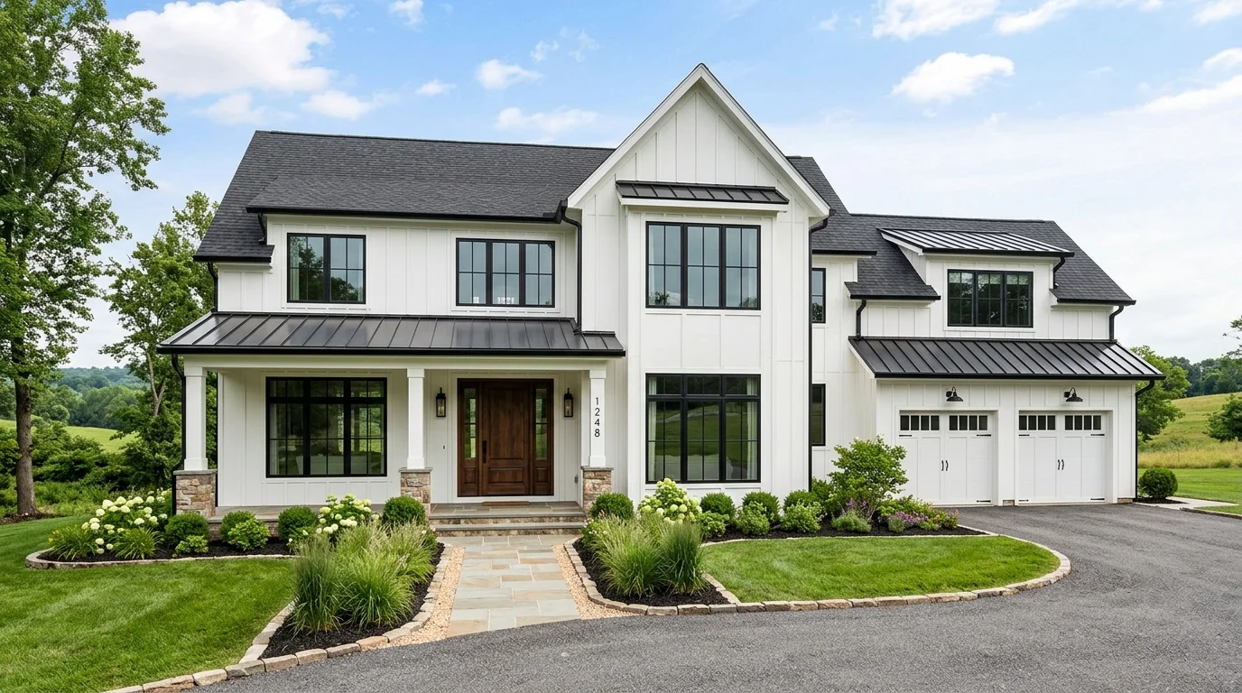 Modern farmhouse exterior with white siding, black windows, wood posts, and layered front porch styling.