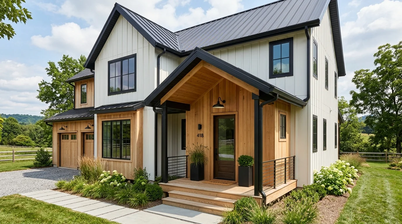 Farmhouse exterior with white siding, stone base, black roof, and wide covered porch.