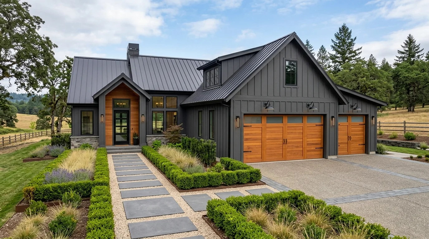 Modern farmhouse with black exterior, cedar accents, and sleek landscaping for dramatic curb appeal.