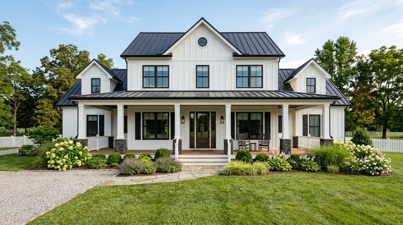 Farmhouse house with white facade, black metal roof, and rustic porch seating.