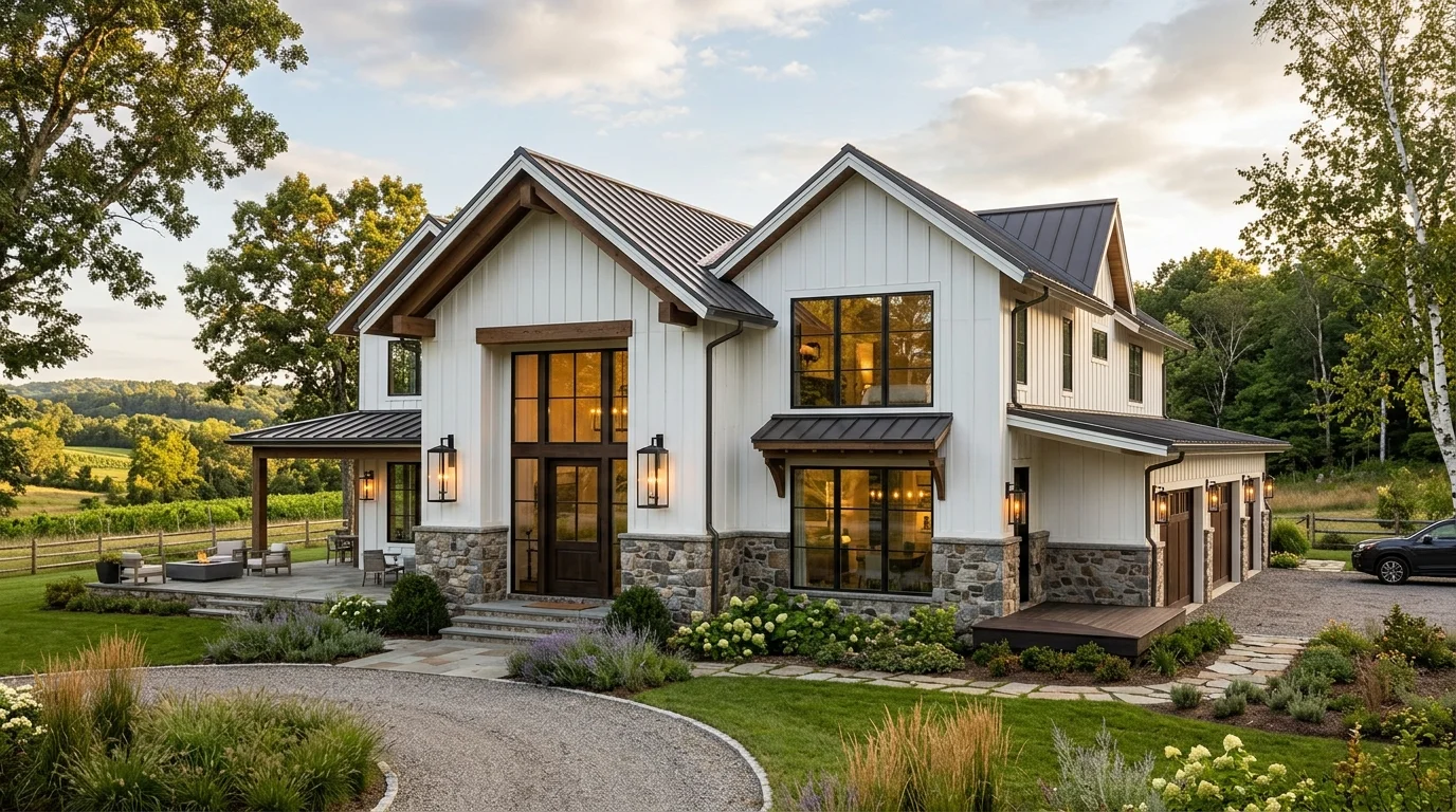 Fresh farmhouse exterior with twin gables, white trim, and inviting front entry path.