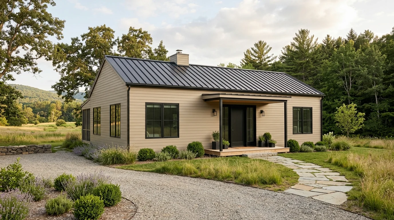 White farmhouse exterior with oversized natural wood front door and lantern sconces.