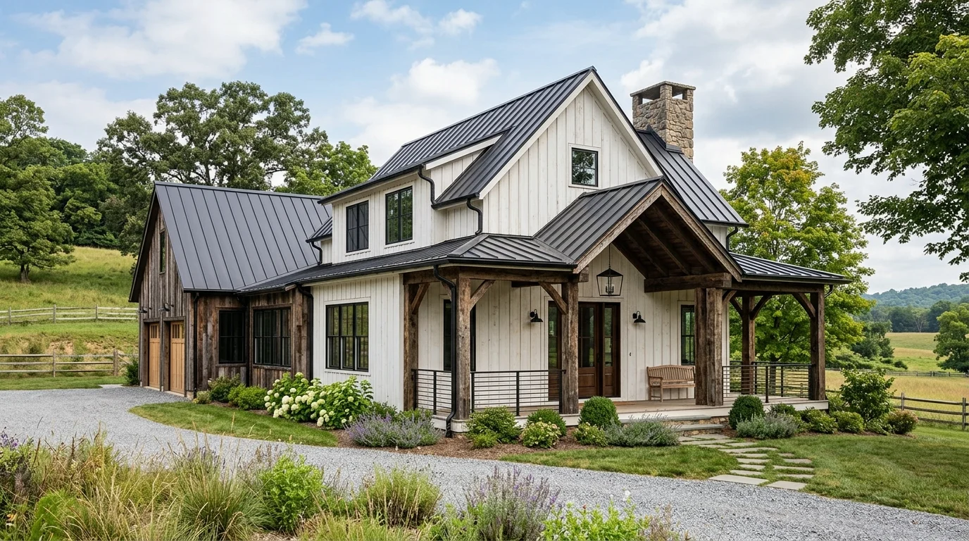 Farmhouse exterior with wraparound porch, rocking chairs, and soft black and white palette.