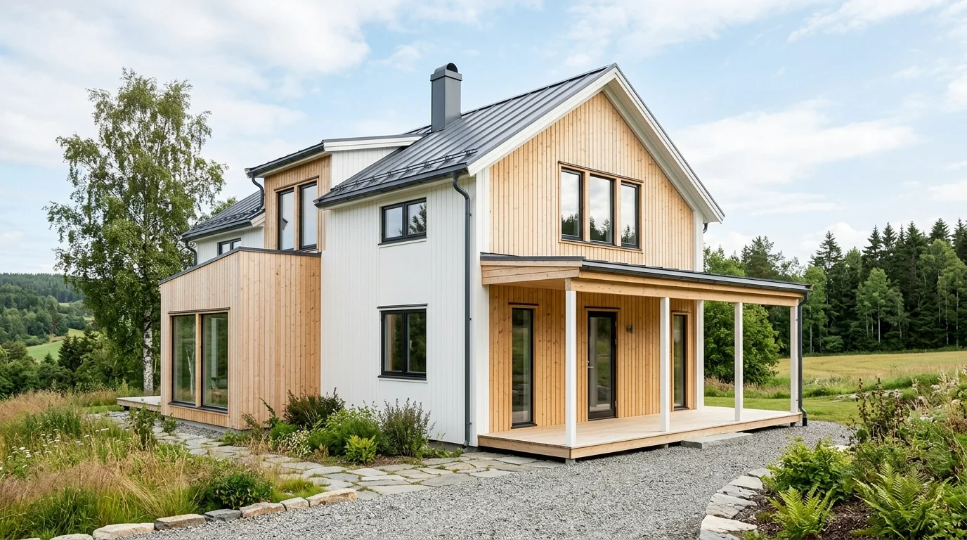 Contemporary farmhouse exterior with painted brick, vertical siding, and minimalist landscaping.