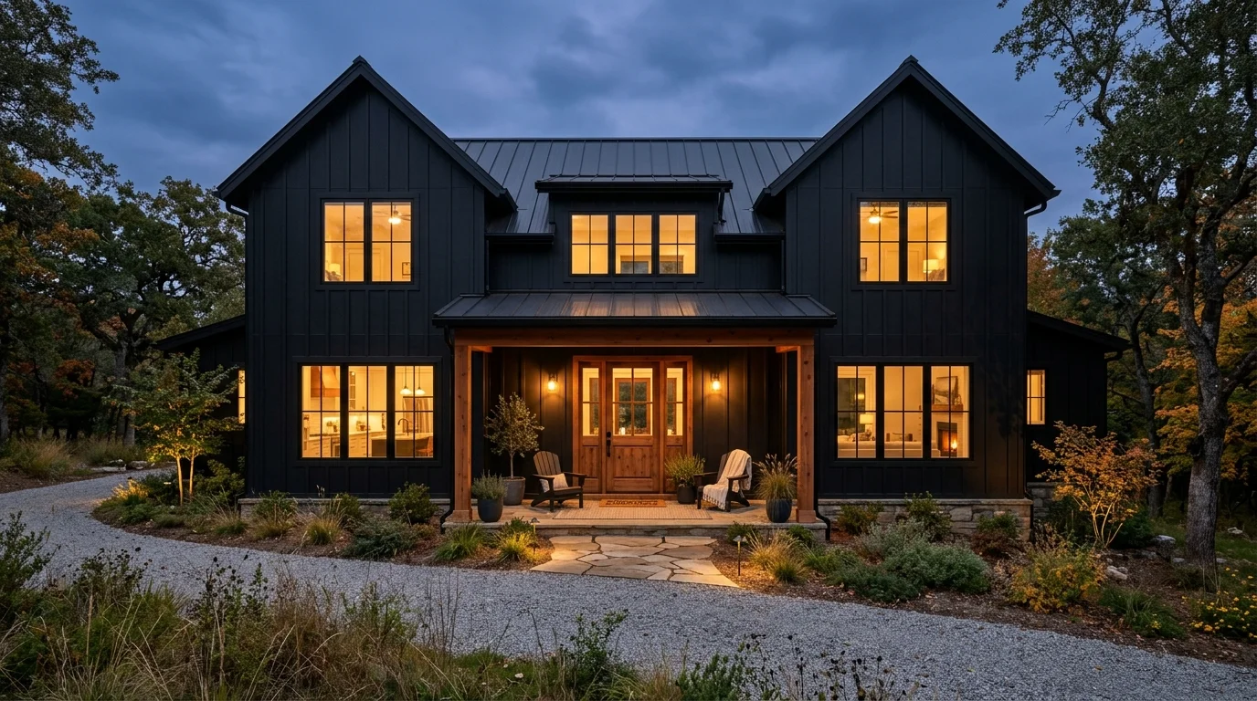 Farmhouse exterior in warm taupe and cream tones with subtle stone accents and soft landscaping.