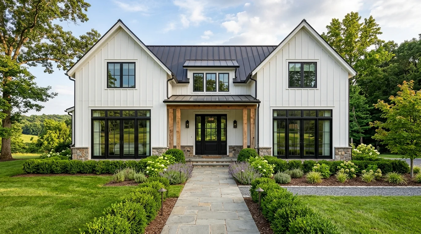 Farmhouse home exterior with carriage-style garage doors, white siding, and wood beams.
