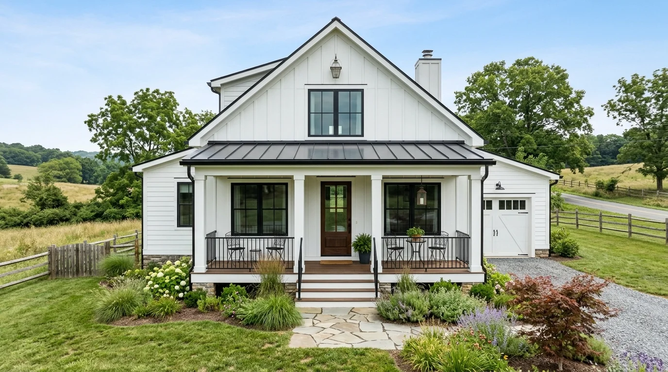 Gray farmhouse exterior with black trim, timber porch details, and dramatic sky backdrop.