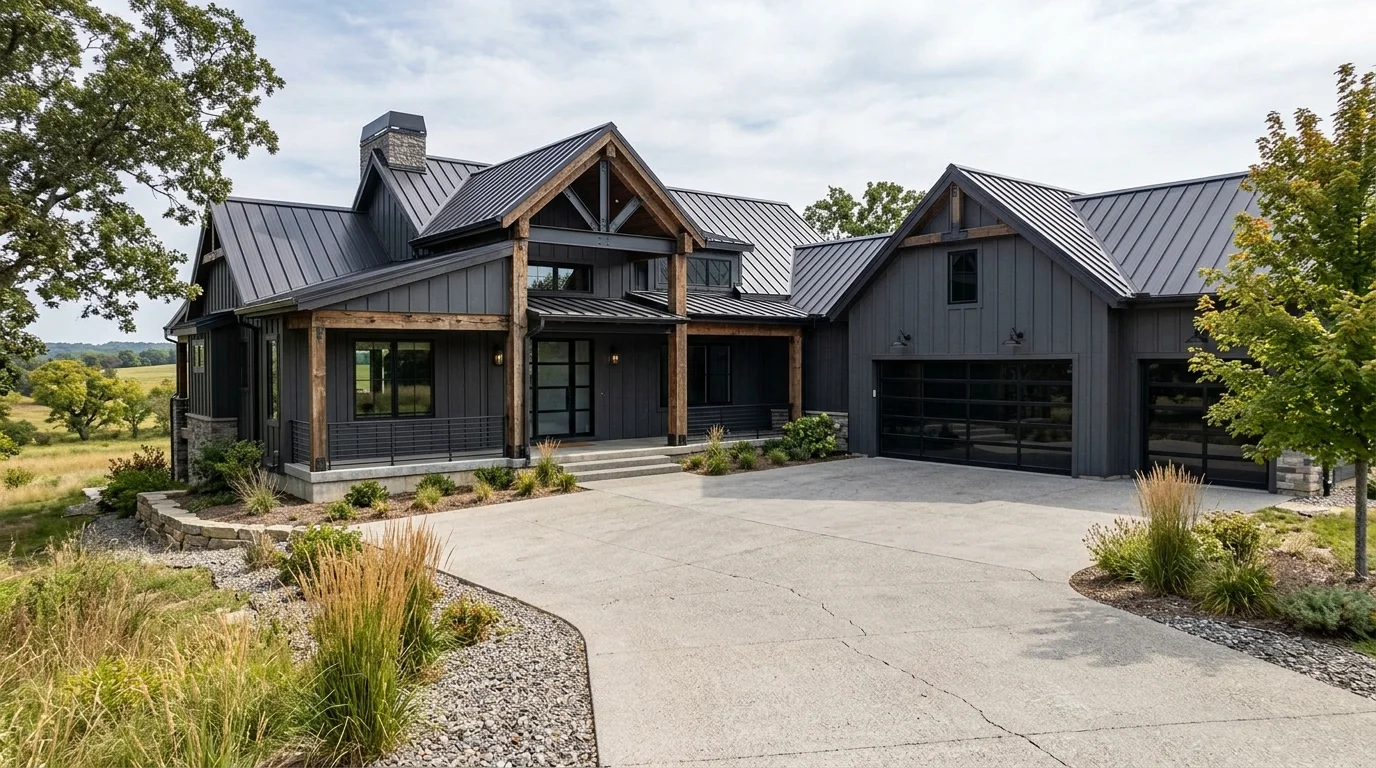 Smaller farmhouse cottage exterior with white siding, flower beds, and a simple front porch.