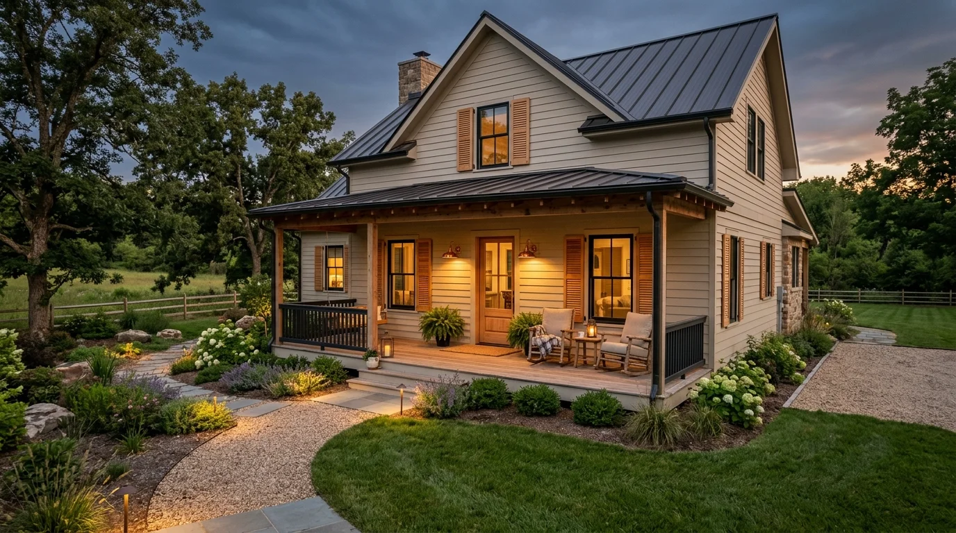 Modern farmhouse with tall black framed windows, white exterior, and clean front path.