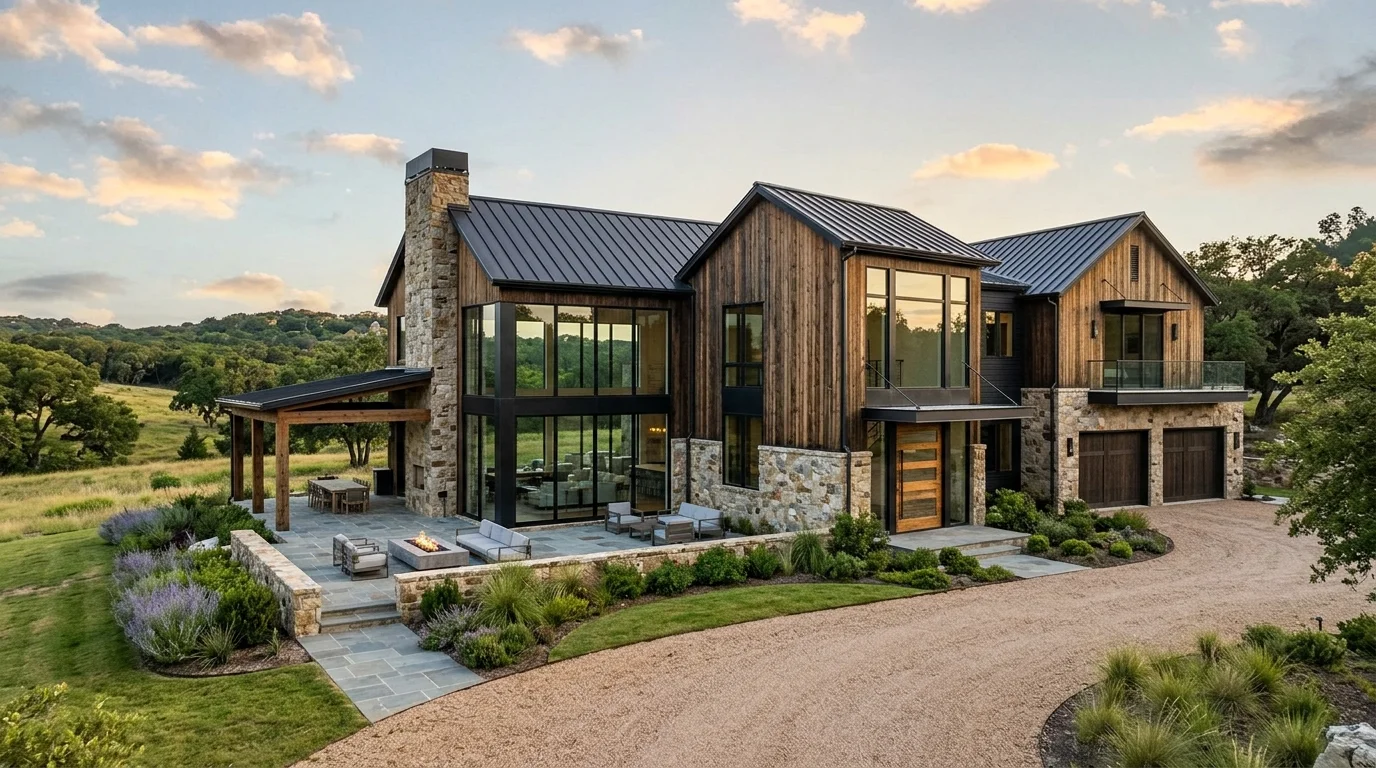 Upscale farmhouse exterior with stone chimneys, metal roof, and expansive porch lighting at dusk.