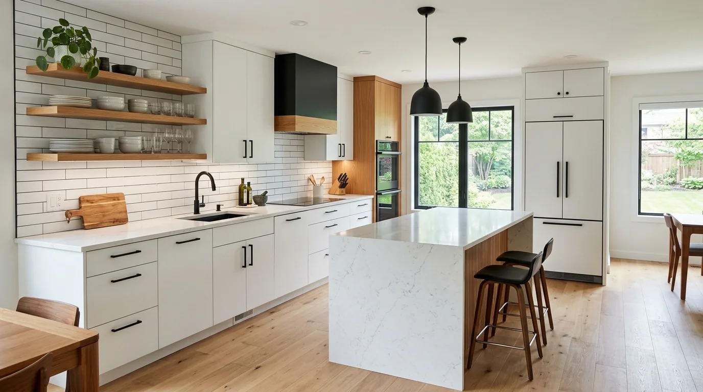 Modern kitchen aesthetic with warm wood cabinets, stone counters, and curated open shelving.