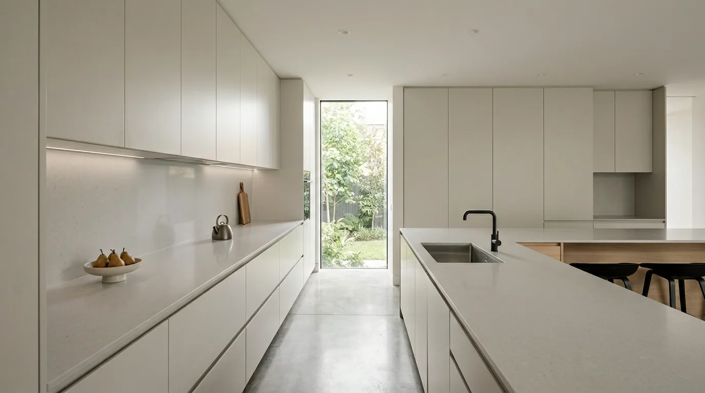 Clean white kitchen with subtle texture and bright uncluttered modern calm.