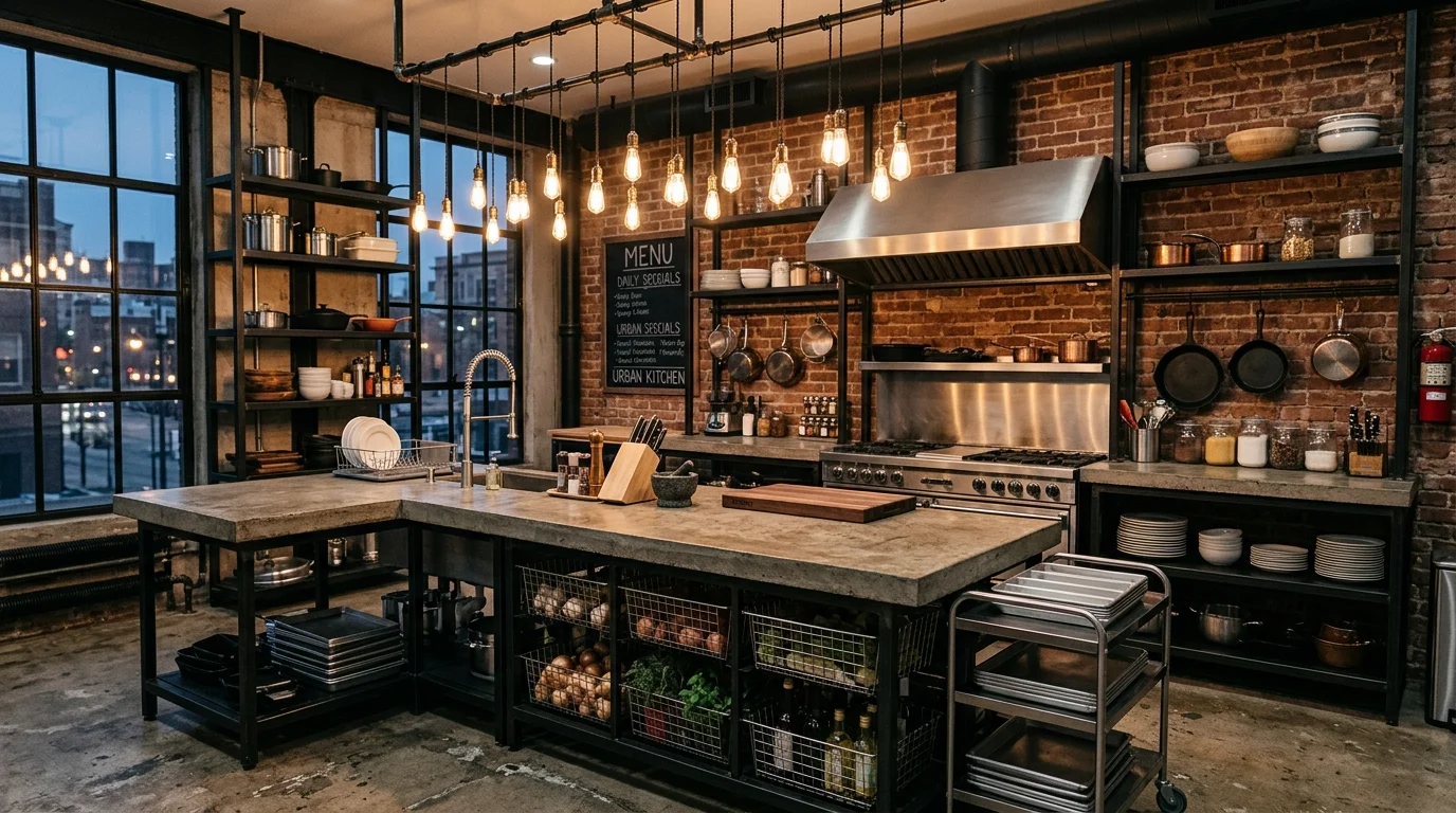 Kitchen with sage cabinetry, brass details, and a soft contemporary palette.
