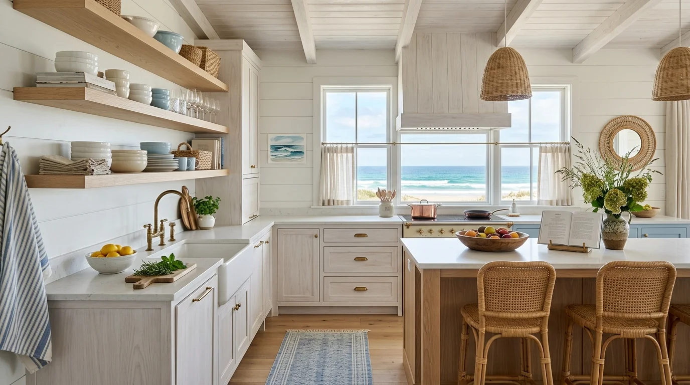 Soft kitchen palette with cream cabinets and warm brass refinement.