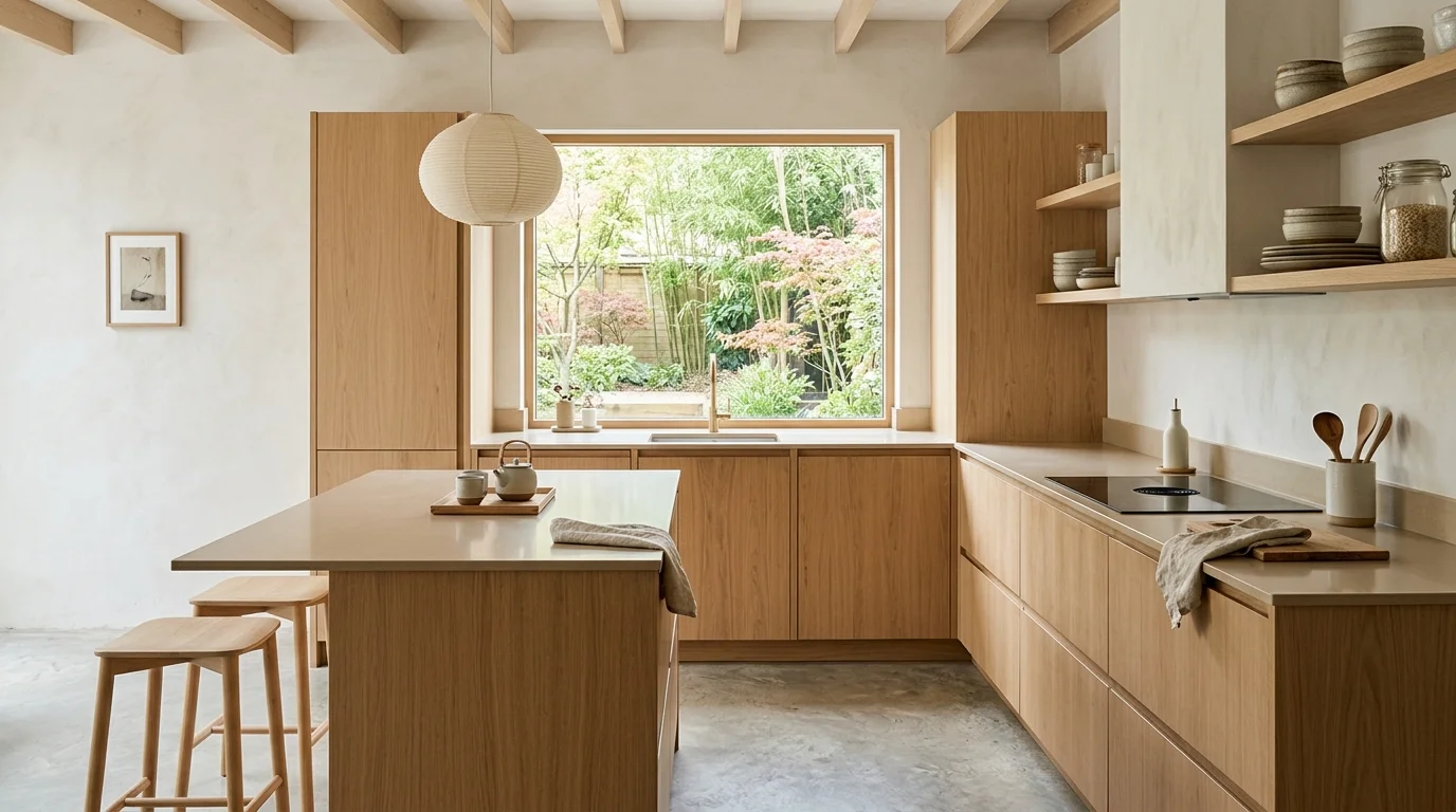 Curated kitchen with confident color accents and polished modern composition.