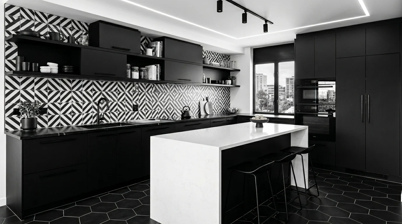 Upscale kitchen with statement lighting, waterfall island, and refined materials.