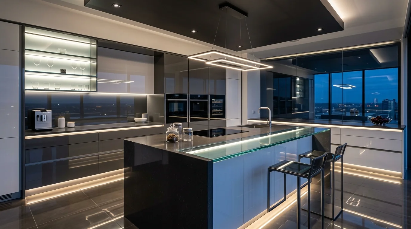 Kitchen with natural textures, sculptural decor, and calm earthy balance.