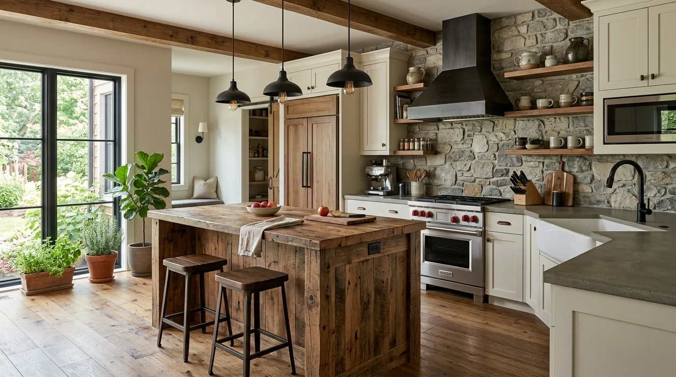 Modern cookspace with blue cabinetry and warm wood for fresh contrast.