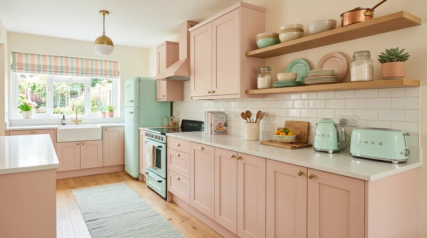 Kitchen with neatly styled shelves and a collected but uncluttered aesthetic.