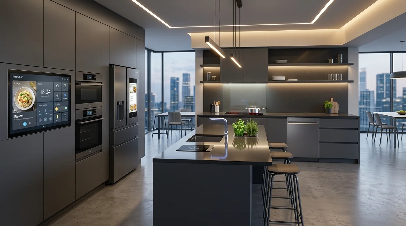 Kitchen in taupe and ivory tones with gentle modern elegance.