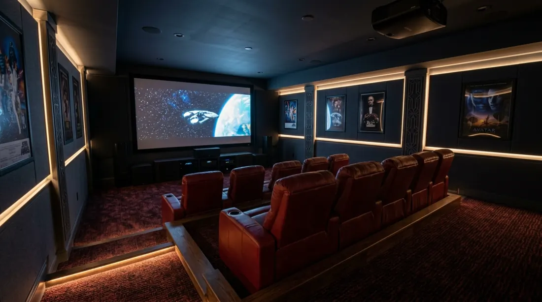 Luxury basement home theater with tiered leather seats, projector screen, charcoal acoustic walls, and LED step lights.