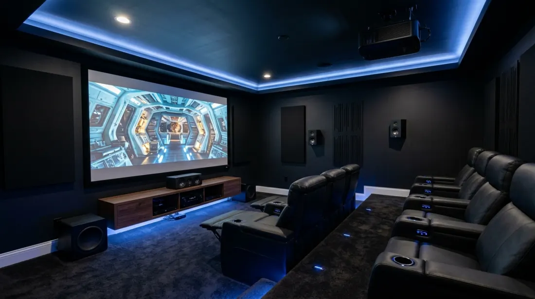 Modern basement cinema with black walls, projector, blue LED lighting, recliners, and minimalist entertainment styling.
