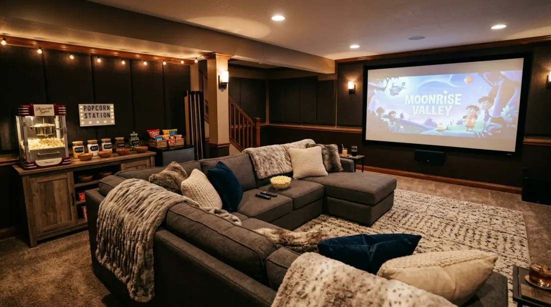 Cozy basement theater with oversized sectional, blankets, popcorn station, dim warm lighting, and intimate family feel.