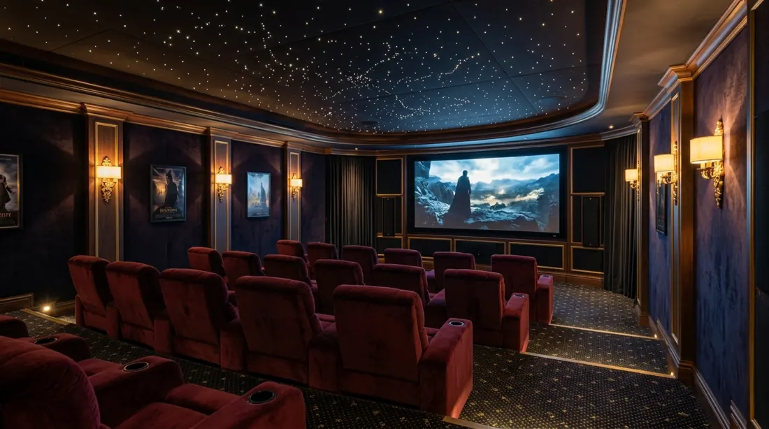 High-end cinema room with velvet theater chairs, gold sconces, star ceiling, curved screen, and elegant dark palette.