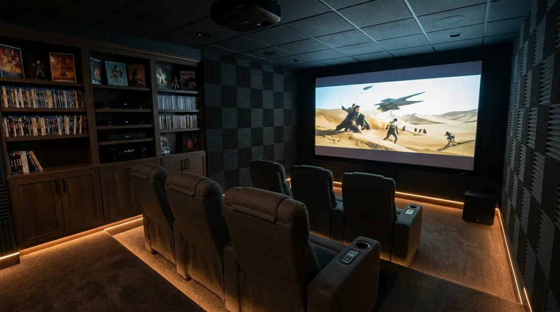 Small basement theater with wall-to-wall screen, compact recliners, acoustic wall panels, and LED floor lights.