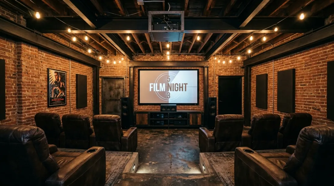 Industrial home theater with exposed brick, metal beams, leather seating, Edison bulbs, and concrete floor.