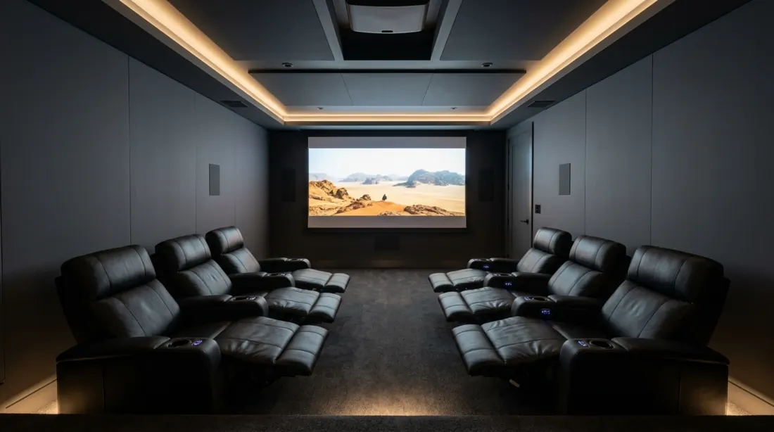Minimal basement cinema with dark gray walls, hidden speakers, motorized screen, recliners, and subtle indirect light.