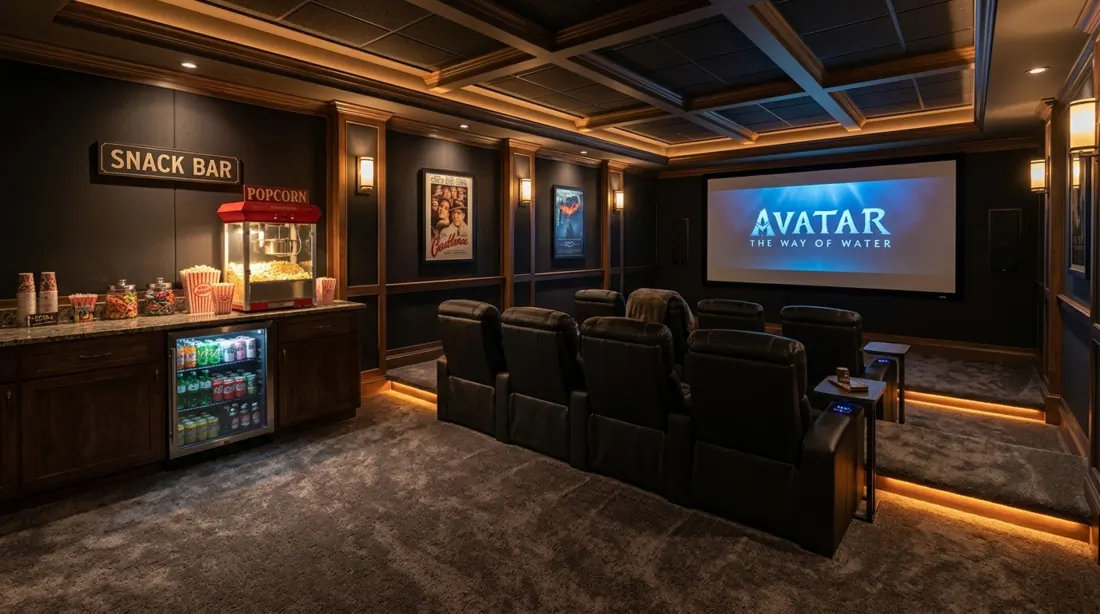 Luxury family theater room with recliner rows, snack bar, mini fridge, popcorn machine, carpet, and dim warm lighting.