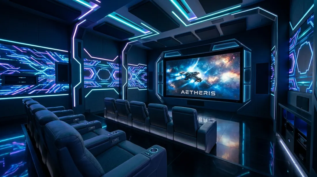 Ultra-modern basement cinema with LED wall panels, futuristic accents, projection screen, modular seating, and reflective floor.