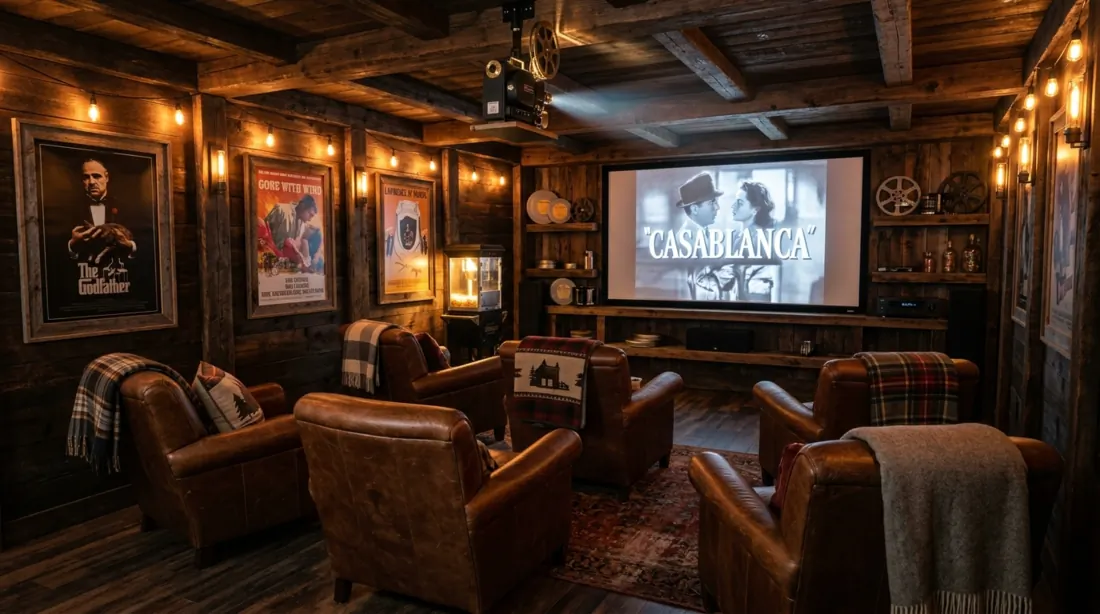 Rustic basement theater with wood paneling, leather armchairs, vintage projector, and warm amber lighting.