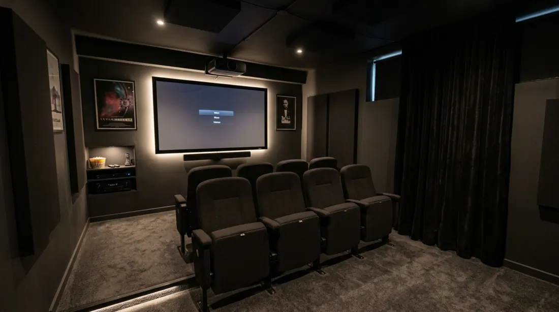 Compact basement cinema with foldable seating, wall-mounted projector, blackout curtains, and dark minimalist layout.
