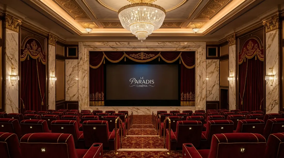 Elegant luxury theater with marble wall, velvet curtains, chandelier lighting, plush seating, and gold detailing.