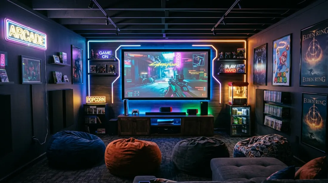 Basement gaming and movie room with large screen, bean bags, neon lights, gaming console, and energetic design.