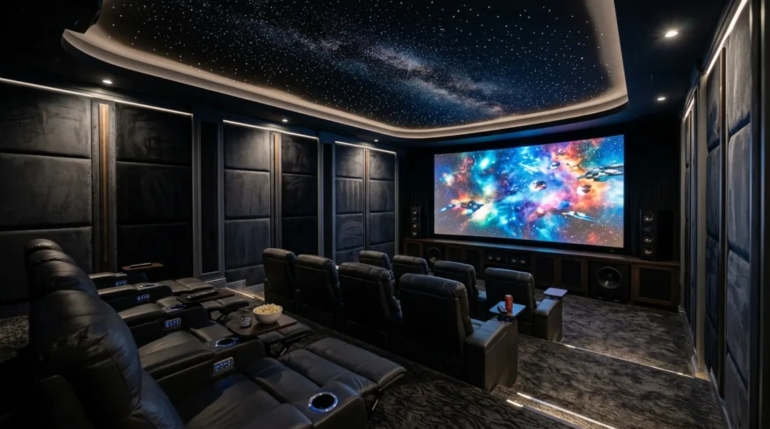 Immersive home cinema with padded walls, constellation ceiling, wide screen, luxury recliners, and premium moody colors.