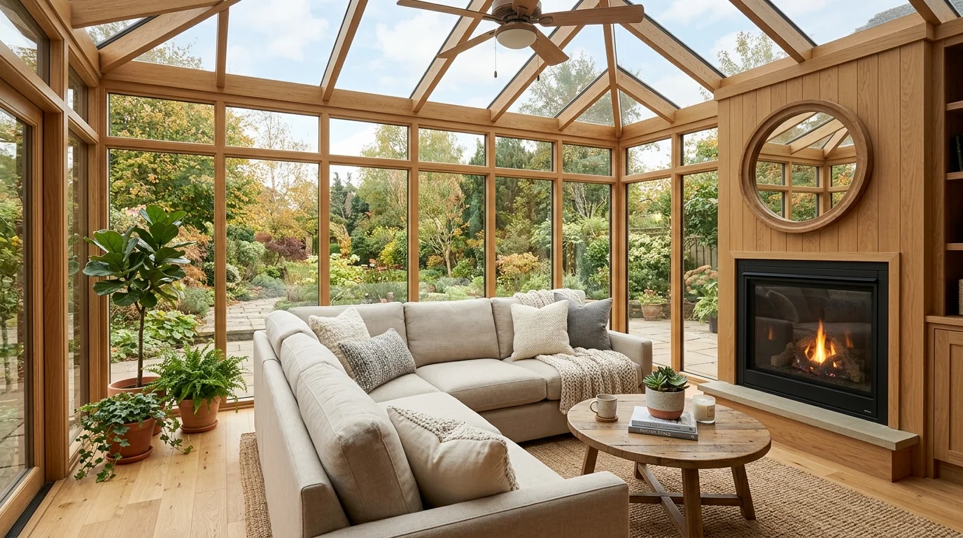 Four-season sunroom with insulated glass walls, neutral sectional, oak floor, and gas fireplace.