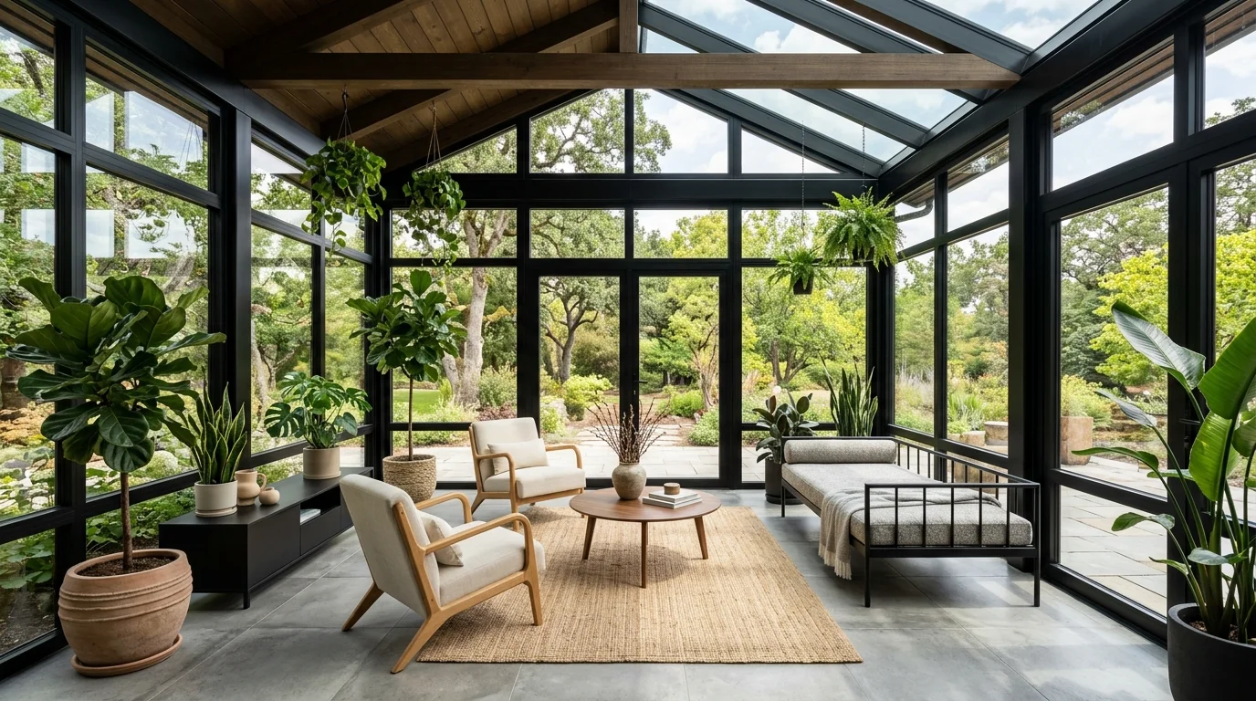 Modern four-season sunroom with black-framed energy-efficient windows, minimalist furniture, and indoor greenery.