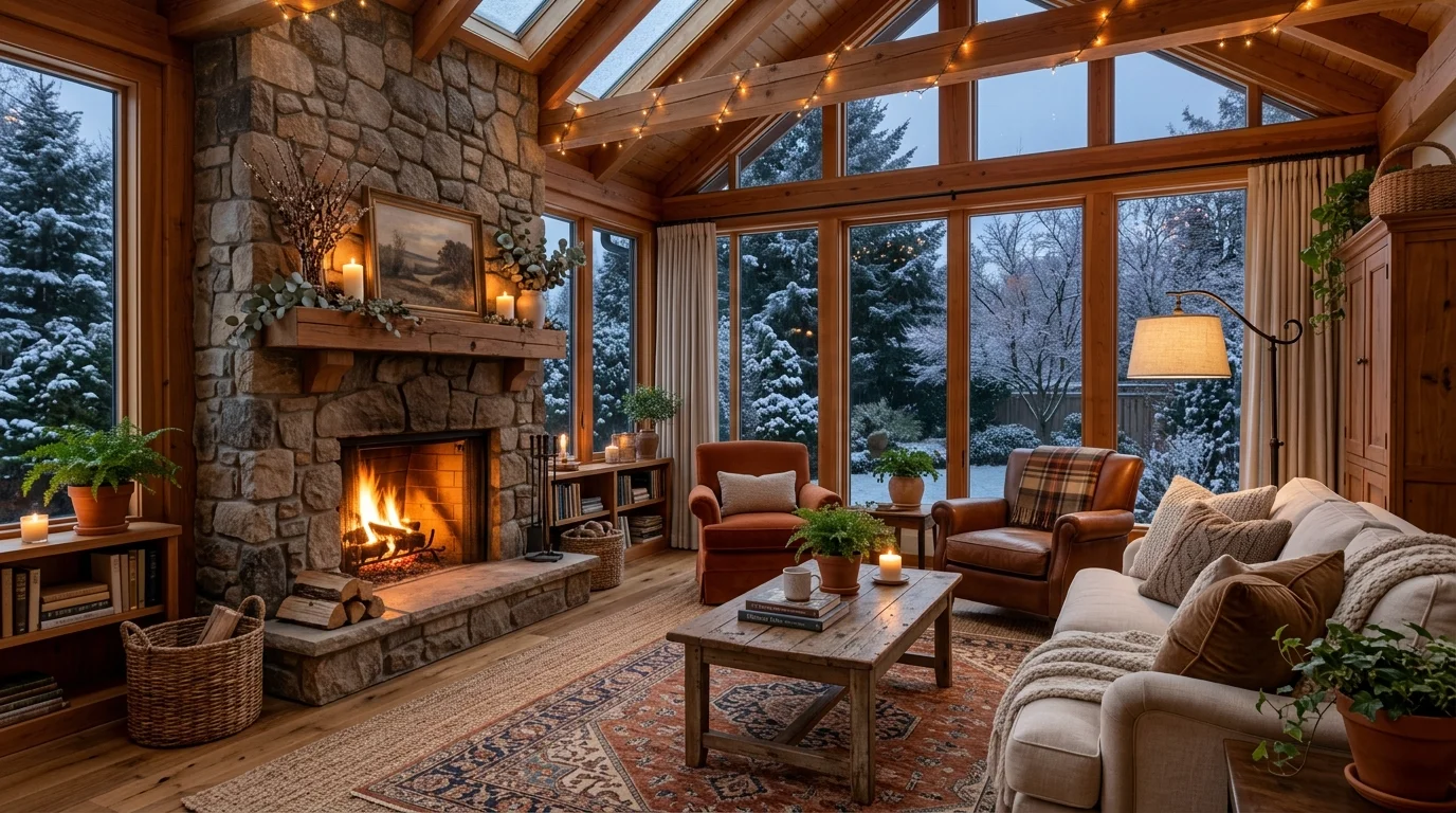 Cozy all-season sunroom with stone fireplace, plush seating, rugs, wood accents, and ambient lighting.