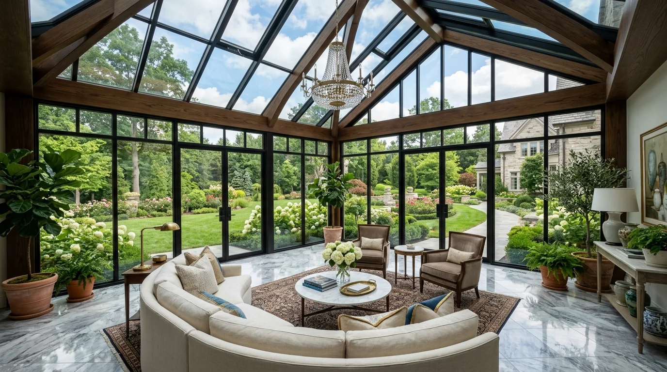 Luxury four-season sunroom with vaulted glass ceiling, marble flooring, elegant seating, and garden views.