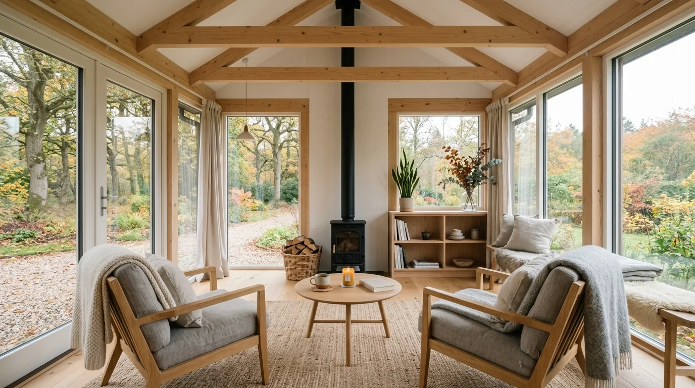 Scandinavian four-season sunroom with light wood beams, white walls, simple furniture, and soft textiles.