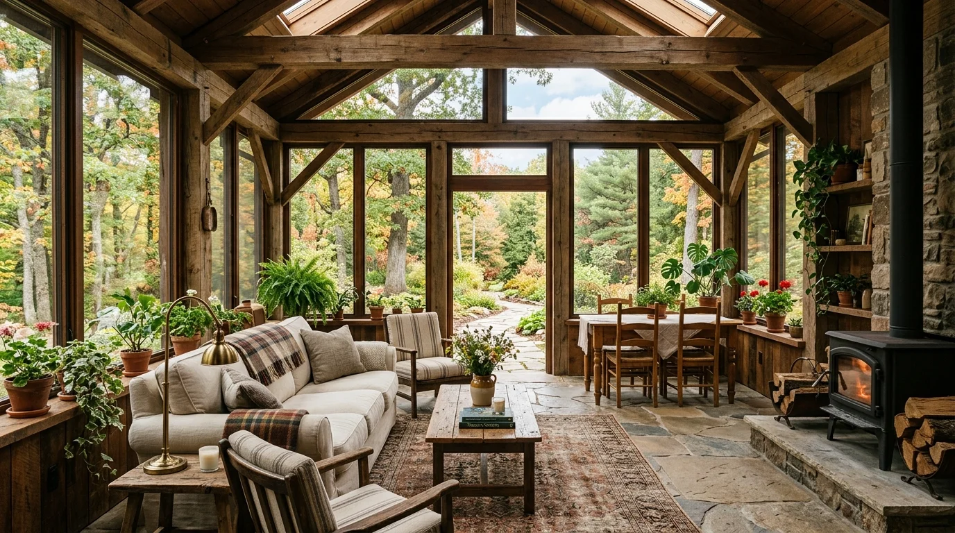 Rustic four-season sunroom with exposed beams, stone flooring, farmhouse furniture, and large insulated windows.