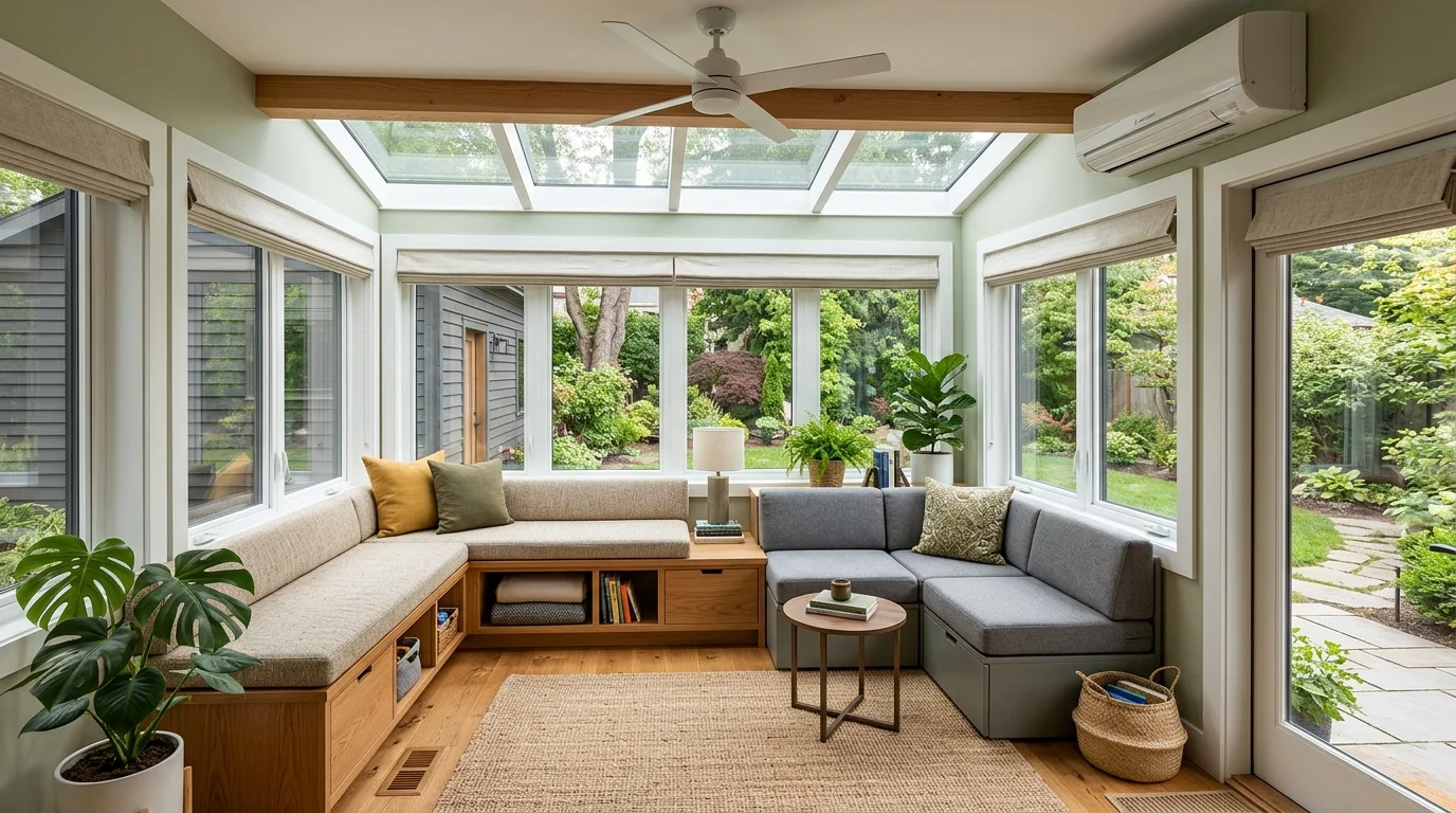 Compact four-season sunroom with modular seating, built-in benches, large windows, and efficient small-space layout.